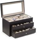 Bey-Berk Duke Matte Black Wood Watch Box – 36-Slot Organizer with Glass Top, 2 Drawers & Velour Lining by Bey-Berk