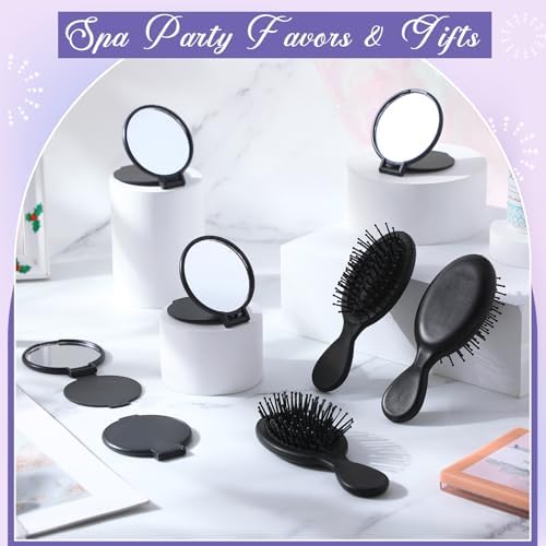 Meanplan 24 Pcs Mini Hair Brush Set 12 Travel Wet Dry Hair Combs Pocket Detangling 12 Compact Folding Makeup Mirrors for Spa Sleepover Birthday Bridal Shower Bachelorette Christmas Party Gift (Black) - Image 4