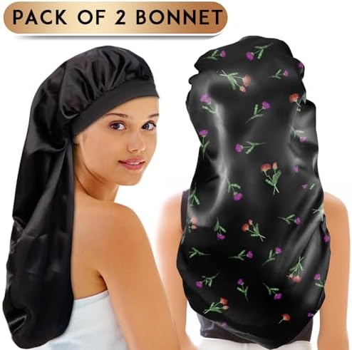 2Pcs Long Satin Bonnet Sleep Cap for Women, Black+Green Pattern - Image 6