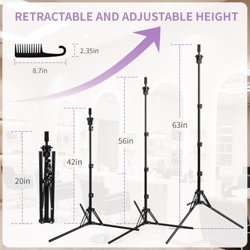 Mannequin Head Stand,Adjustable Wig Stand Tripod Height Adjustment(20-60Inch) Reinforced Metal Mannequin Stand For Cosmetology Hairdressing Training With Free One Wide Tooth Comb - Image 3