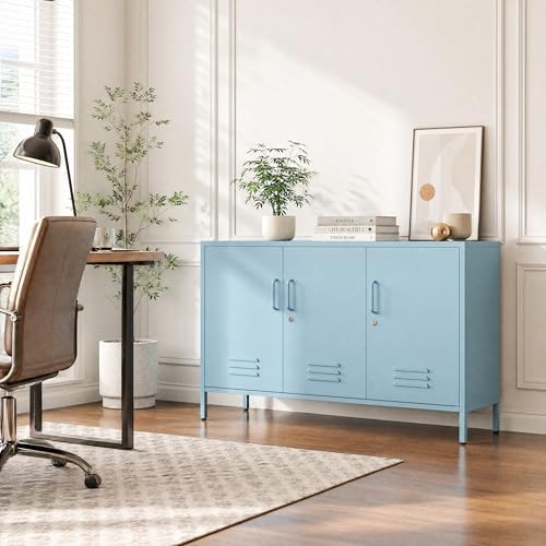 Blue Metal Storage Cabinet with Lock, 47.5" Wide Ventilated Door Locker, 2 Adjustable Shelves, Heavy Duty Home Accent Cabinet for Living Room Kitchen Office Study by HOME