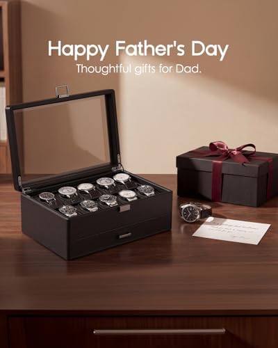 VLANDO Watch Box 10 Slots, Lockable Watch Case with Textured Leather, 2 Layer Watch Holder for Rings, Glasses, Mens Jewelry Box with Glass Lid, Removable Divider, Gifts for Father, Husband, Black - Image 2