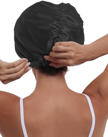 Double Layer Satin Bonnet with Eye Mask Adjustable Silk Sleep Cap Turban Style Hair Wrap for Curly Hair Black - Image 5