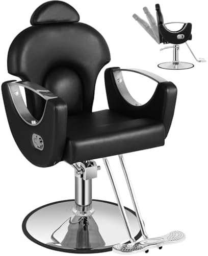 Salon Chair Reclining Barber Styling Chair for Hair Stylist, Black Silver by Tythical