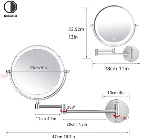 9 Inch Large Rechargeable Lighted Makeup Vanity Mirror Wall Mounted, 1X/10X Magnifying Mirror with Light for Bathroom 3000mAh USB Charging, Chrome Wall Mounted Mirror Swing Arm with 3 Light for Makeup - Image 3
