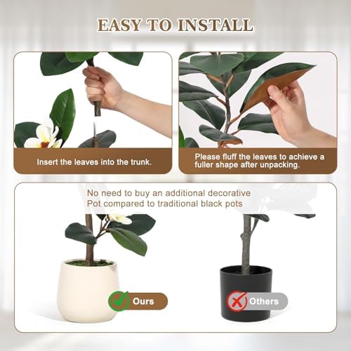 IDEALHOUSE 7ft Artificial Magnolia Tree, Faux Rubber Plant Floor Plant in White Planter, with 7 Pcs Magnolia Flowers for Home Decor for Home Office Living Room Decor - Image 5