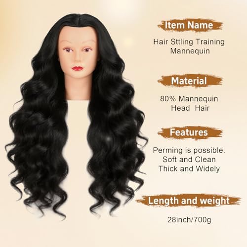 28 Inch Mannequin Head with 80% Human Hair Face Mannequin Head for Hair styling Practice - Curling, Braiding, Cutting Multiple Hair Colors with Table Clamp Stand for Kids and Professionals - Image 2