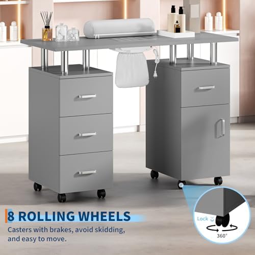 Mobile Manicure Table on Wheels, Portable Nail Desk with Storage，Grey - Image 2
