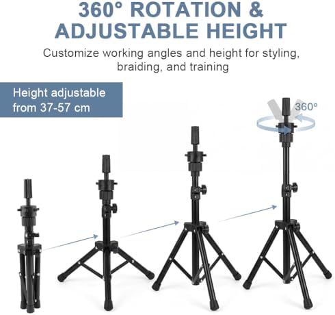 Mannequin Head Stand, 22 '' Height Adjustable Tripod Wig Stands for Styling, Wig Stand Tripod Tool Kit for Cosmetology Hairdressing Training with Caps, Pins, Comb, Hair Clips - Image 3