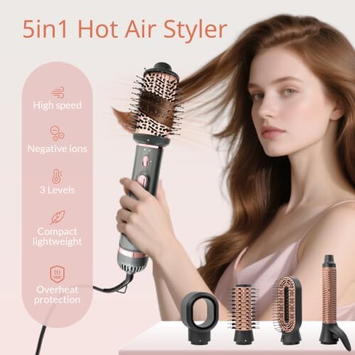OUDIM 5-in-1 Hot Air Styler & Hair Dryer Brush, 1200W Ionic Multi-Styler for Fast Drying, Smooth Blowouts, Volumizing & Curling, 5 Attachments, 3 Heat Settings, Black/Rose Gold - Image 4