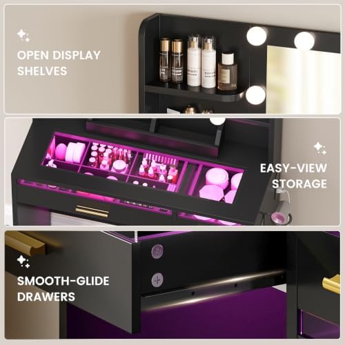 35.4" Makeup Vanity Desk with Mirror and Lights, Glass Top, 3 Drawers - Image 4