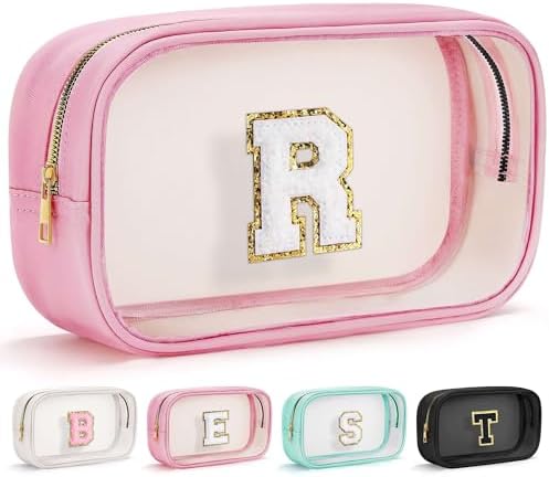 YOOLIFE Initial Travel Makeup Bag Pouch, Clear Toiletry Bag for Women Travel Accessories Cosmetic Bag Skin Care for Teen Make Up Bags Birthday Gifts for Women Unique Teacher Mom Friends Gifts Pink R by YOOLIFE