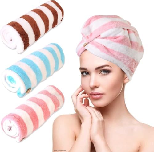 3 Pack Microfiber Hair Towel Wrap for Women, Fast Drying Hair Turban with Button, Anti-Frizz Large Hair Towel for All Hair Styles, Soft & Absorbent Hair Drying Towel by YHPDYL