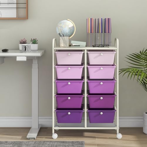 Giantex 10 Drawers Rolling Cart, Classroom Organizers, Storage Cart with Wheels, for Teacher Office Home School Supplies Tool Craft Art Paper, Purple Gradient - Image 2