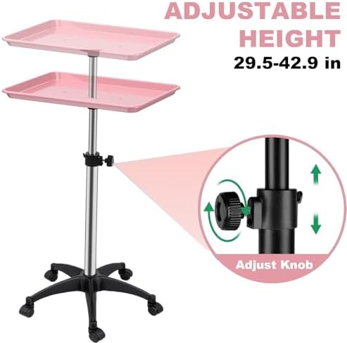 Salon Rolling Tray, Height Adjustable Tattoo Tray Rolling Cart, Storage Utility Trolley for Spa, Beauty Salon Service, Hairdresser Cart with Wheels, Black (Pink) - Image 3