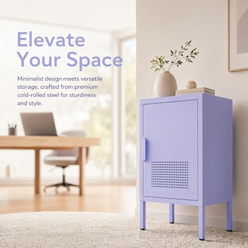 Purple Metal Freestanding Nightstand Cabinet, Ventilated Single Door End Table with Adjustable Shelf & 2-Tier Storage for Bedroom Living Room Entryway Office - Image 5
