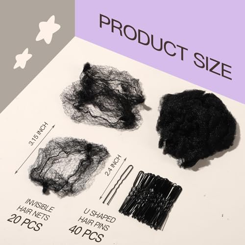 FANDAMEI 30cm Hair Net for Kids, Invisible Hair Nets 20PCS with 40PCS U Shaped Hair Pins, Hair Nets for Buns, Bun Hair Nets for Ballet Girls Hair Accessories Set for Women, Girls-Black - Image 2