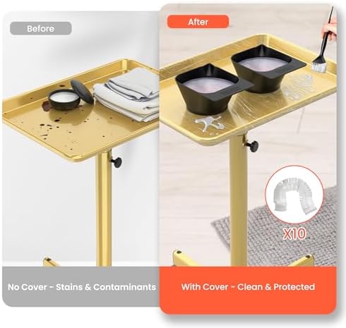 TASALON Rolling Salon Tray,Mobile Styling Station with Wheels Aluminum Rolling Tray Trolley for Salon Essentials, Adjustable Heightfor Hairstylist Tray with 10 PCS Disposable Salon Tray Cover,Gold - Image 4