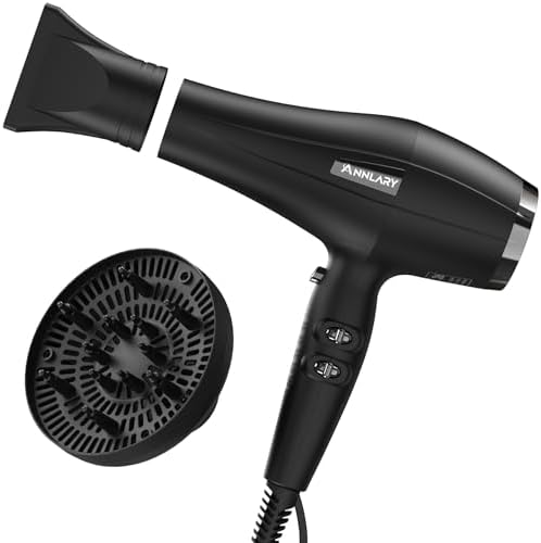 ANNLARY Professional 1875W Hair Dryer with Diffuser, Ionic Blow Dryer, Powerful AC Motor Hairdryer with 8.2Ft Cord for Women & Men, Fast-Drying Blow Dryer with Nozzle for Home, Salon by ANNLARY