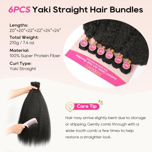 REECHO Yaki Straight Hair Bundles, 6PCS Super Protein Fiber Kinky Straight Quick Weave Bundles 20 22 24 Inch Full Head Synthetic Hair Extensions for Women - Natural Black - Image 5