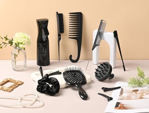 12 Pcs Hair Styling Brush Set with Detangler, Teasing, Rat Tail, Edge Brushes and Baby Hair Brushes - Soft Bristles for Baby Girls and Women (Black) - Image 3