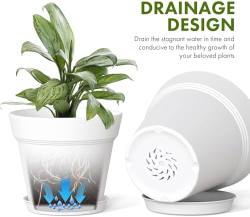 WSMKSZ 4 Inch Plastic Plant Pots with Drainage Holes and Trays – 8 Pack Small Nursery Pots for Indoor & Outdoor House Plants and Flowers, Seedling Starter Planters, White - Image 4