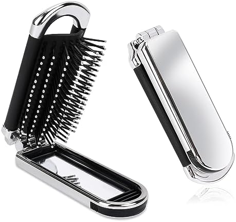 1 Pack Folding Compact Hair Brush with Mirror - Travel Pocket-Size Massage Comb for Hair Styling, Gym, Trips, and Purse (Removable Mirror) by Mozeat+Lens