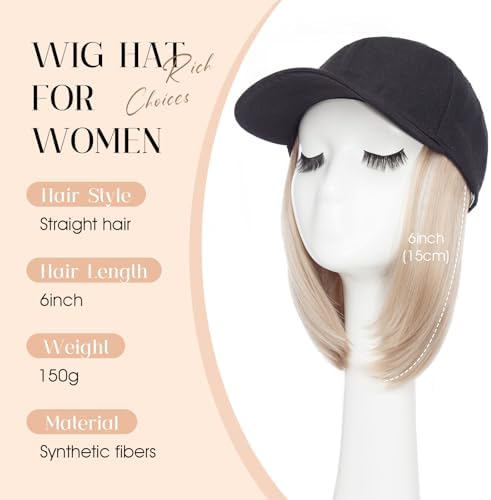 Rich Choices Hat Wigs for Women,Black Baseball Cap with Hair Extensions for Women,Short Bob Hairstyle Caps with Hair Attached Adjustable Baseball Cap Wig 6 Inch-Light Blonde with Ash Highlights - Image 2