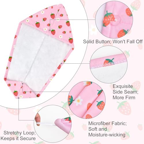 Microfiber Hair Towel Wrap for Kids 2 Pack Quick Drying Hair Towels with Button Hair Turbans for Wet Hair Absorbent Quick Dry Wraps Head Towel Wrap for Women and Girls, Pink Blue Strawberry - Image 4