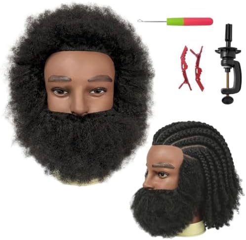 Afro Barber Mannequin Head Male Human Hair with Beard for Hair Styling by ARLEFENNI