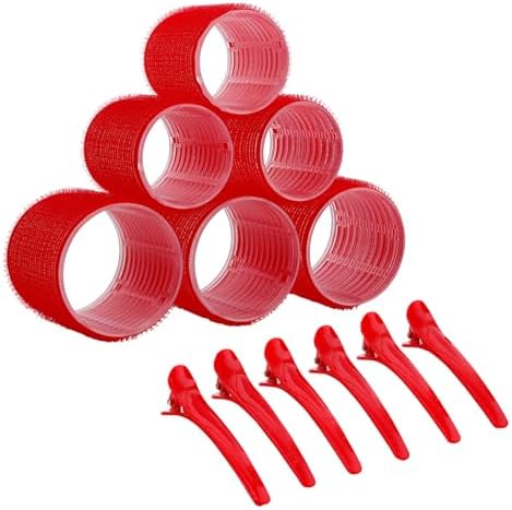 Bella Sleep + Spa Self Grip Hair Rollers - 3 Medium & 3 Large Curlers with Clips, 12-Piece Set, Red by BellaSleepSpa