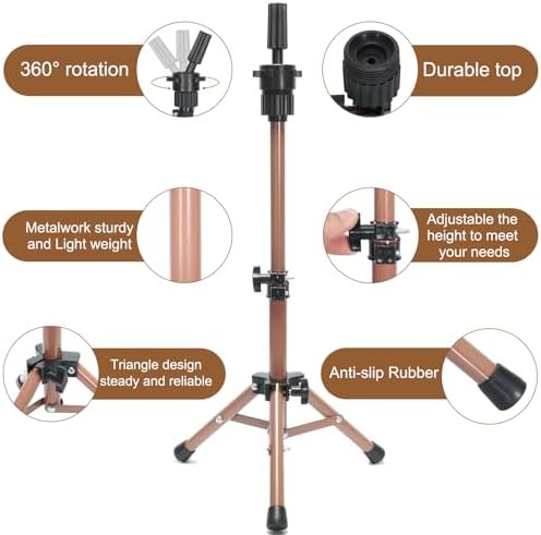Ailsa 25" Wig Stand Tripod Adjustable Mannequin Head Stand Metal Mini Wig Head Stand for Training Mannequin Heads and Canvas Block Head (Rose pink) - Image 3