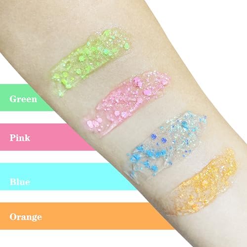 MEICOLY Neon Orange Body Glitter Gel,UV Blacklight Chunky Face Glitter Gel,Glow in The Dark Hair Glitter Paint,Singer Concert Music Festival Rave Accessories,Halloween Glitter Makeup for Women - Image 6