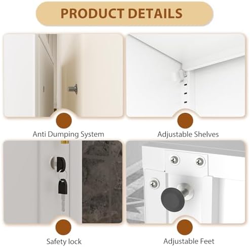 Tall Metal Narrow Bathroom Storage Locker Cabinet 67" H,White Kitchen Pantry Cabinets with 4 Adjustable Shelves and 2 Lockable Doors,File Cabinet Organizer for Kitchen Home Office Living Dining Room - Image 4
