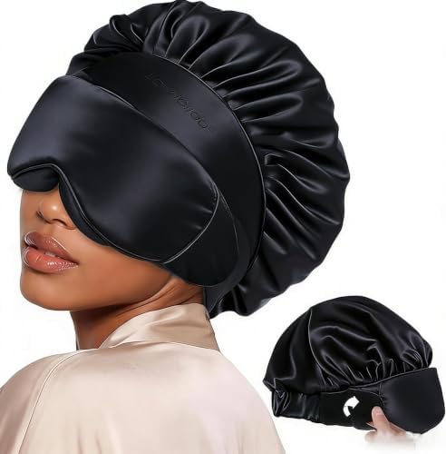 LC-dolida Satin Silk Bonnet for Sleeping Women Men, 2-in-1 Bonnet with Eye Mask Adjustable Hair Bonnet for Curly & Natural with Sleep Mask, Reduce Frizz, Lock in Moisture, Prevent Breakage and Tangles by LC-dolida