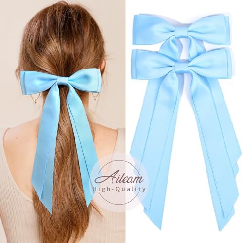 2PCS Silky Satin Hair Bows Hair Clip Blue Hair Ribbon Ponytail Holder Accessories Slides Metal Clips Hair Bow for Women Girls Toddlers Teens Kids - Image 4