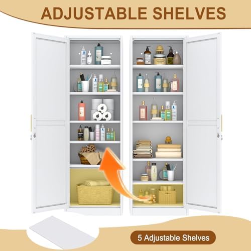 Tall Metal Narrow Bathroom Storage Locker Cabinet 67" H, White Kitchen Pantry Cabinets,File Cabinet Organizer with 5 Adjustable Shelves and Lockable Doors for Kitchen Home Office Living Dining Room - Image 5