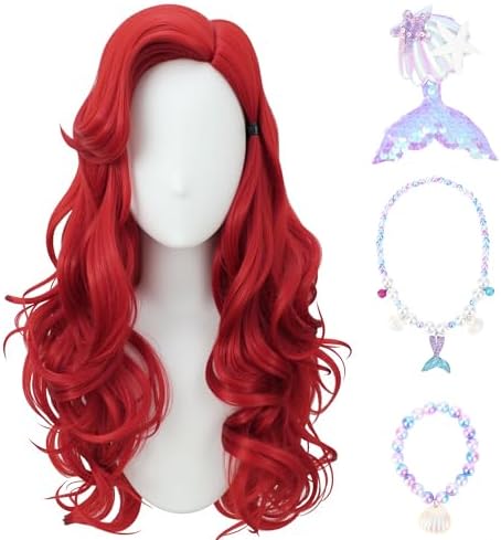 Red Mermaid Wig for Kids Girls Red Long Curly Wig Halloween Cosplay Wigs (Dark Red) - Image 3