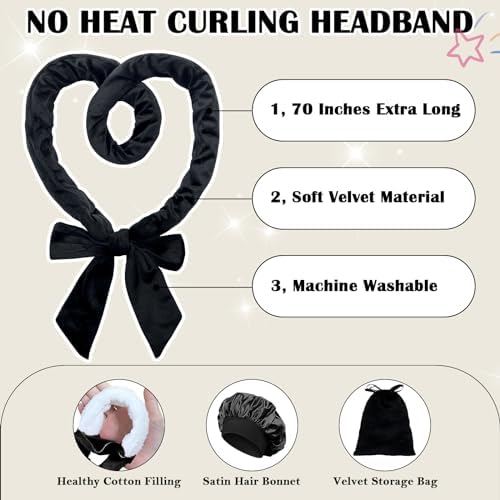 ZILAMPU No Heat Overnight Hair Curlers for Women - 70" Soft Headband Wrap with 9 Hair Rollers for Long Wavy Curls, Gift Set - Black - Image 3