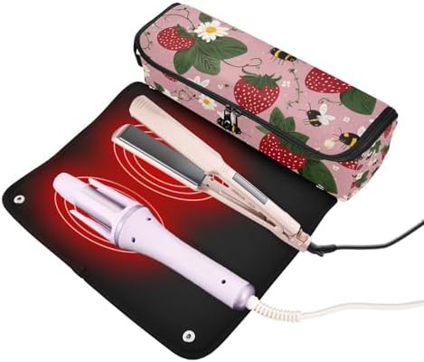 Hair Tools Travel Bag with Heat Resistant Mat 2-in-1 Hot Tools Travel Bag Organizer Flat Curling Iron Travel Case for Straightener Pink Bees Flowers Strawberry - Image 2