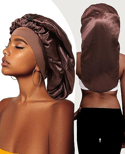 AWAYTR 2-Layer Satin Bonnet for Braids, Wide Band Long Sleep Cap Brown - Image 3