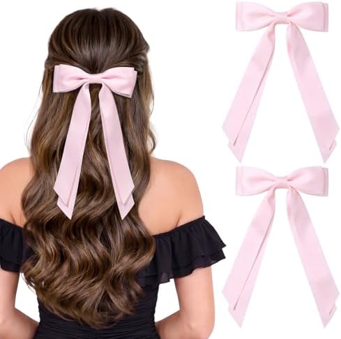 2PCS Pink Hair Bows, Large Ribbon Bow Hair Clips for Girls Women Cute Ponytail Holder Accessories for Toddlers Kids Teens by AILEAM