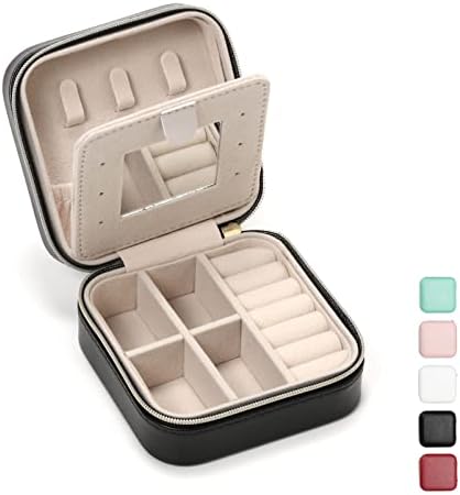 TRODANCE Jewelry Travel Case with Mirror,Small Travel Jewelry Organizer, Portable Jewelry Box Travel Mini Storage Organizer Portable Display Storage Box for Rings Earrings Necklaces (Black) by TRODANCE