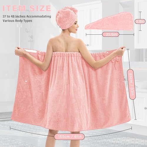 Women's Bath Towel Wrap with Hair Towel, Adjustable Soft Microfiber – Pink - Image 2