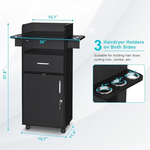 Hair Salon Storage Cart with Locable Wheels & 3 Hair Dryer Holders & 4 Drawers & Lock & 2 Keys, Rolling Salon Cart for Hair Stylist, Hairdresser, Beauty (Black - B) - Image 3