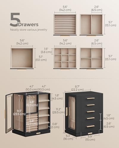 SONGMICS Jewelry Box Organizer, 360° Rotating, 5 Drawers, Ink Black - Image 4
