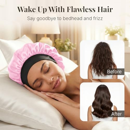 2PCS Silk Hair Bonnet for Sleeping Women - Satin Bonnet for Sleeping Double Layer Adjustable Sleep Cap for Curly Hair - Image 2