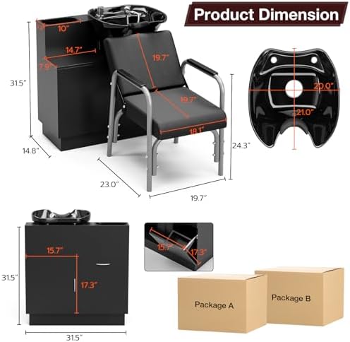 SyyBhb Black Shampoo Cabinet for Salon, Backwash Salon Storage Station with Shampoo Bowl and Reclining Chair - Image 3