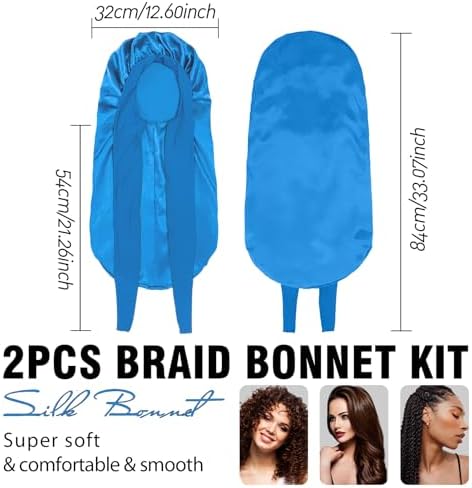 2Pcs Bonnets for Black Women Braid Bonnet, Large Long Satin Bonnet for Braids, Silk Bonnet with Stretchy Tie Band Sleep Cap Hair (2Pcs-Black&Blue) - Image 5