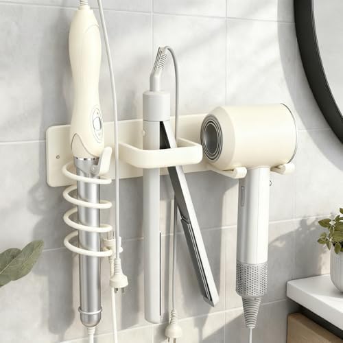 Hair Dryer Holder Wall Mounted Blow Dryer Holder Curling Iron Holder Straightener Holder 3 in 1 Bathroom Metal Hair Tool Organizer Rack (Pure White) by Unknown